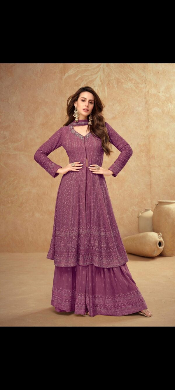 Elegant Georgette Embroidered Vibrant Purple Shalwar Kameez with Wide-Leg Pants & Shawl