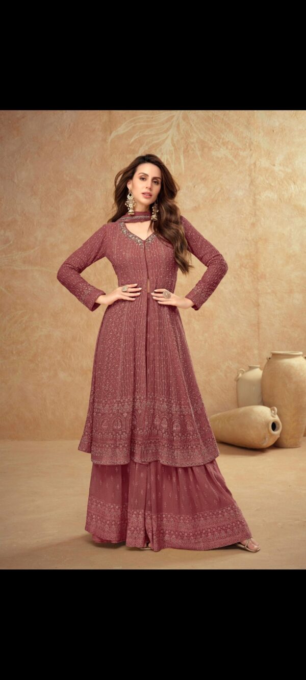 Elegant Georgette Embroidered Vibrant Brown  Shalwar Kameez with Wide-Leg Pants & Shawl