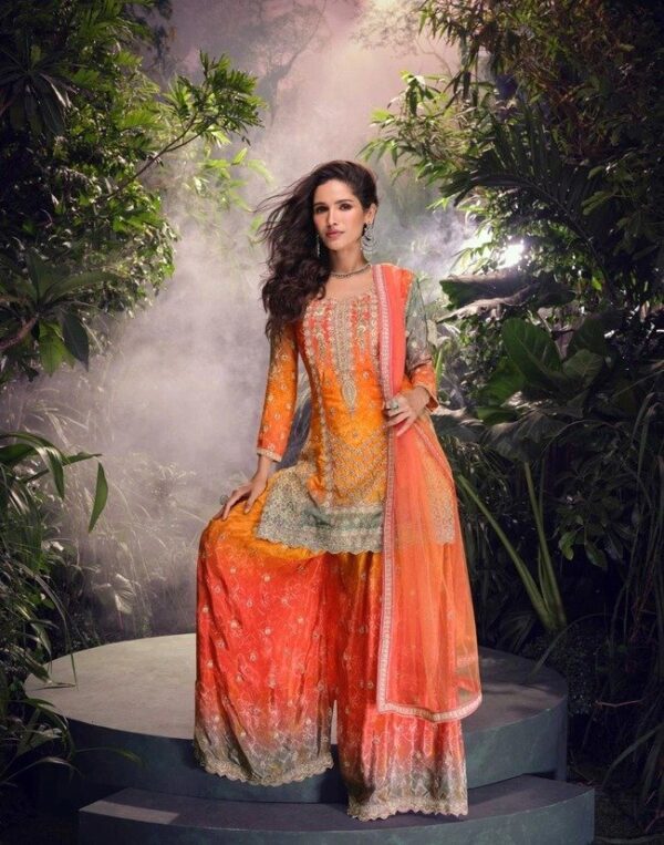 Radiant Orange & Gold Multi-Colored Embroidered Chinon Ensemble – A Regal Festive Look