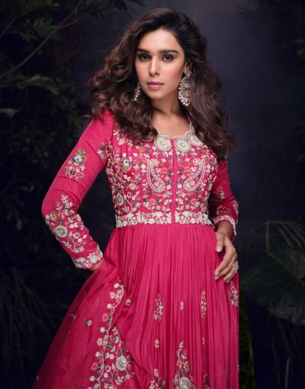 Elegant Hand-Embroidered Chinon Silk Anarkali Suit – Grace in Pink - Image 3