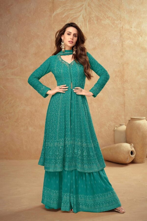 Elegant Georgette Embroidered Vibrant Green Shalwar Kameez with Wide-Leg Pants & Shawl